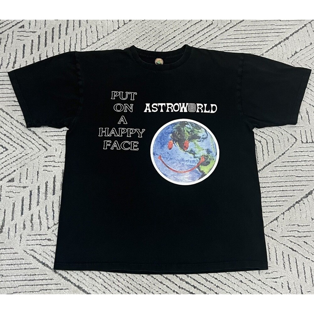 Travis Scott Astroworld Put On A Happy Face Down To Earth T Shirt Black Sz Large